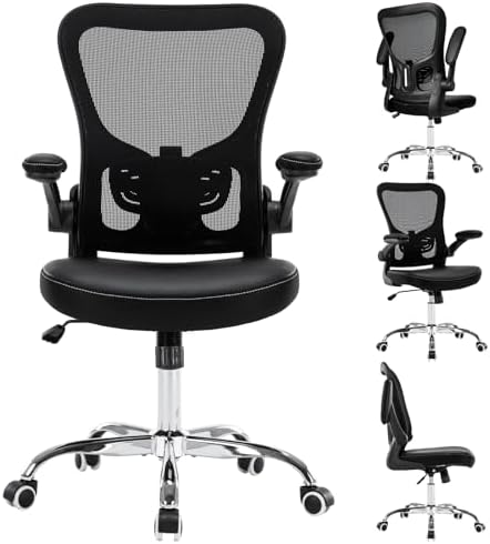 Ergonomic Office Chair, Adjustable PU Leather Computer Desk Chair with Lumbar Support, Flip-Up Arms, Breathable Mesh Back, 360° Swivel Rolling Executive Chair for Home Office, Black