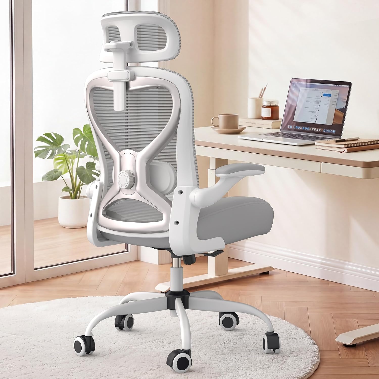 Ergonomic Office Chair for Long Hours – Back & Neck Pain Relief, Virgin Foam Seat, 3D Adjustable Headrest, 2D Lumbar, Flip-Up Arms, Gray/Sliver